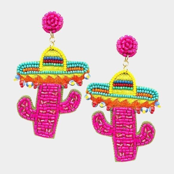 Sombrero Cactus Pink Seed Beaded Earrings - Picture 3 of 5